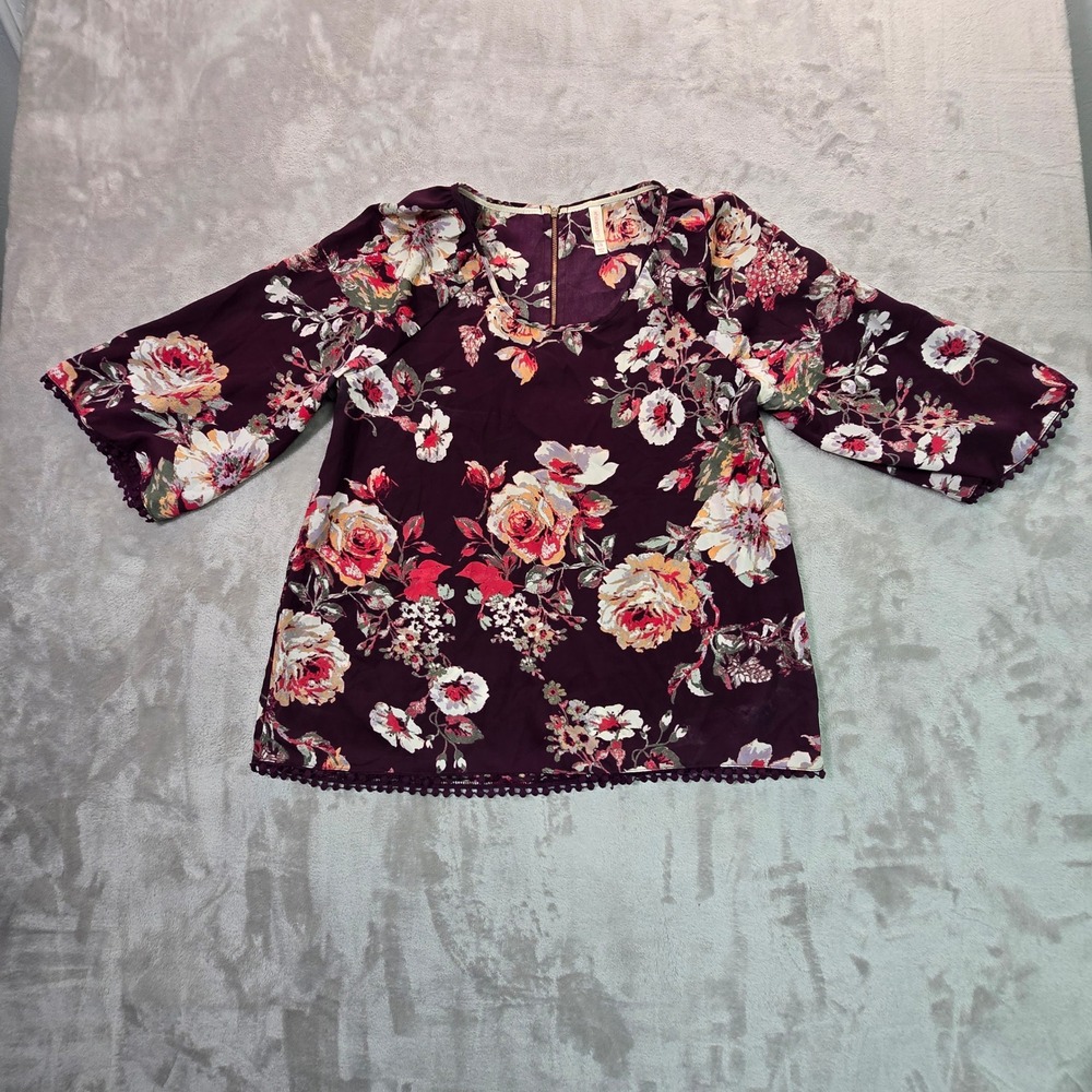 Xhilaration Burgundy Floral Bell Sleeve Blouse Pom Pom Trim Large